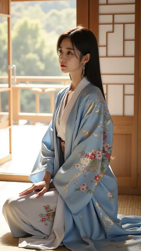 Ar311,sitting gracefully by the window、soft sunlight shines into a traditional Japanese-style room {x} wearing a flowing blue Japanese robe with a complex and exquisite natural pattern、a delicate white kimono and, Sit gracefully by the window, pensive、star...