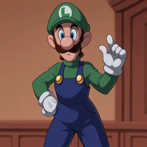 masterpiece, best quality, DisneyClassics disney Incrsluigi, luigi
green headwear, blue overalls, white gloves, long sleeves