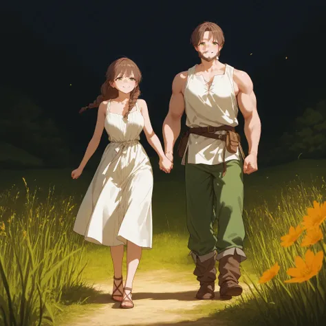 couple standing together in the middle of a lush, natural landscape. The woman has a soft, curvy body, long braided brown hair, and kind green eyes. She wears a simple, earth-toned linen dress, worn from years of work. Beside her is her husband — tall and ...