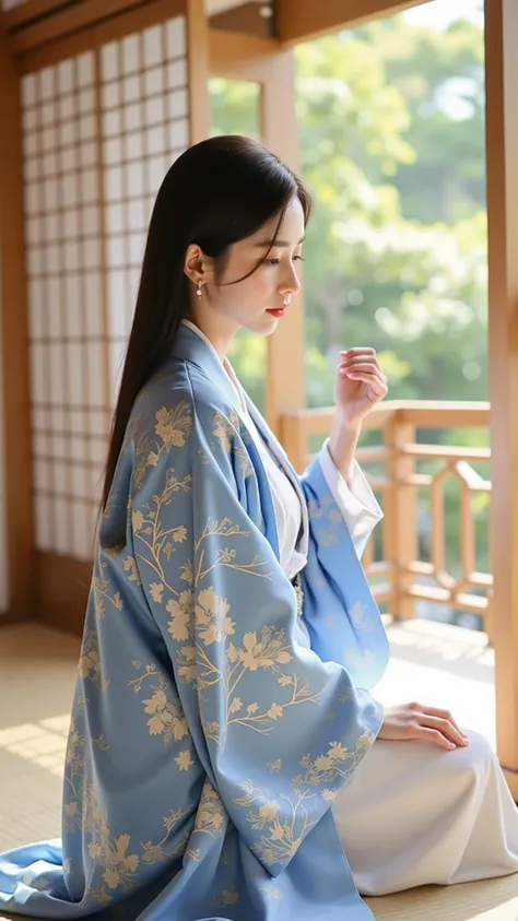 Ar311,sitting gracefully by the window、soft sunlight shines into a traditional Japanese-style room {x} wearing a flowing blue Japanese robe with a complex and exquisite natural pattern、a delicate white kimono and, Sit gracefully by the window, pensive、star...