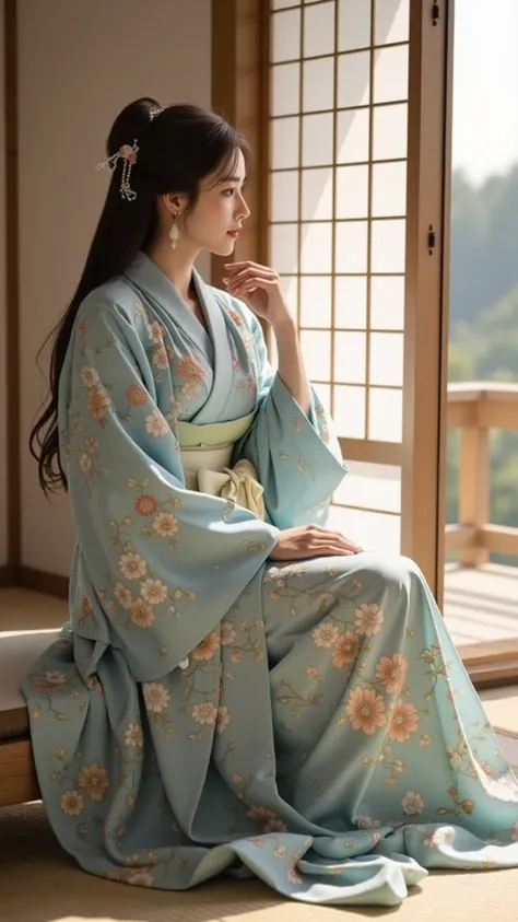 Ar311,sitting gracefully by the window、soft sunlight shines into a traditional Japanese-style room {x} wearing a flowing blue Japanese robe with a complex and exquisite natural pattern、a delicate white kimono and, Sit gracefully by the window, pensive、star...
