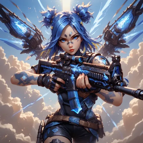Ultra-detailed, 1 girl, Neon from Valorant, ((masterpiece)), (best quality), (high resolution), 16K, heterochromia (black and blue eyes), blue hair with glowing tips, long stylized hair, neutral lips, electric tattoos on arms, light piercings, wearing futu...