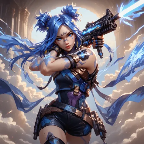 Ultra-detailed, 1 girl, Neon from Valorant, ((masterpiece)), (best quality), (high resolution), 16K, heterochromia (black and blue eyes), blue hair with glowing tips, long stylized hair, neutral lips, electric tattoos on arms, light piercings, wearing futu...