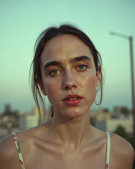 Describe an iPhone photo that feels like a mistake: overexposed, angled from the waist, cutting off part of the face. The subject is a surreal blend of Margaret Qualley, Saoirse Ronan, and Marion Silver — ethereal and frayed at once, caught mid-movement, l...