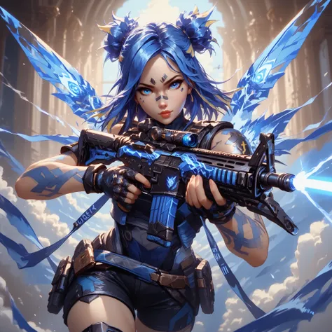 Ultra-detailed, 1 girl, Neon from Valorant, ((masterpiece)), (best quality), (high resolution), 16K, heterochromia (black and blue eyes), blue hair with glowing tips, long stylized hair, neutral lips, electric tattoos on arms, light piercings, wearing futu...