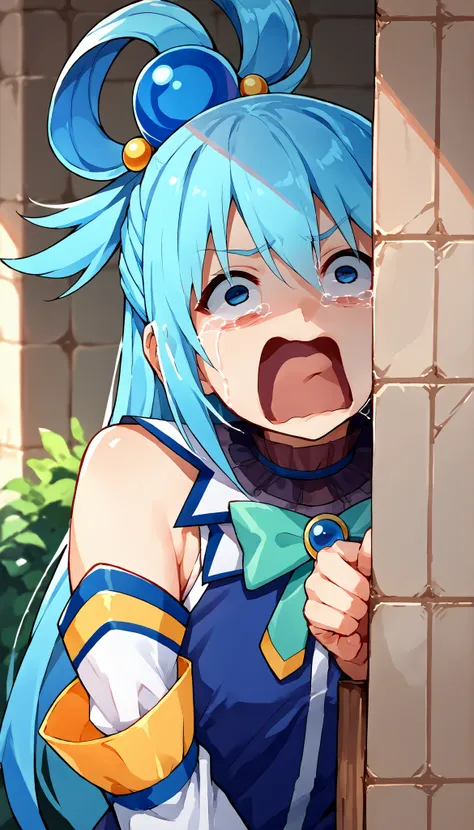score_9, score_8_up, score_7_up, source_anime, solo, 1girl, aqua \(konosuba\), peeking out, upper body, hiding behind wall, aquascreaming, screaming, open mouth, crying with eyes open, blue hair, hair rings, blue eyes, sleeveless shirt, detached sleeves, b...