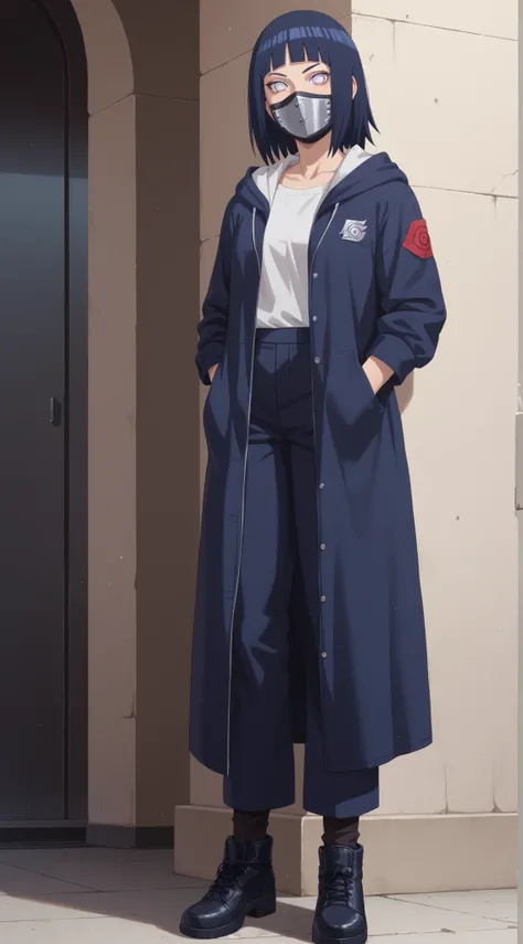 score_9,score_8_up,score_7_up,solo,looking at viewer, Hyūga _Hinata's/Boruto, White Eyes, Medium hair, Her's Long Bangs one that covers her face and the other hangs behind her head down past her shoulders,Dark Blue hair,(Future Era, Alternate Sci Fi Of Nar...
