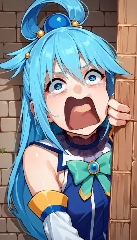 score_9, score_8_up, score_7_up, source_anime, solo, 1girl, aqua \(konosuba\), peeking out, upper body, hiding behind wall, aquascreaming, screaming, open mouth, crying with eyes open, blue hair, hair rings, blue eyes, sleeveless shirt, detached sleeves, b...
