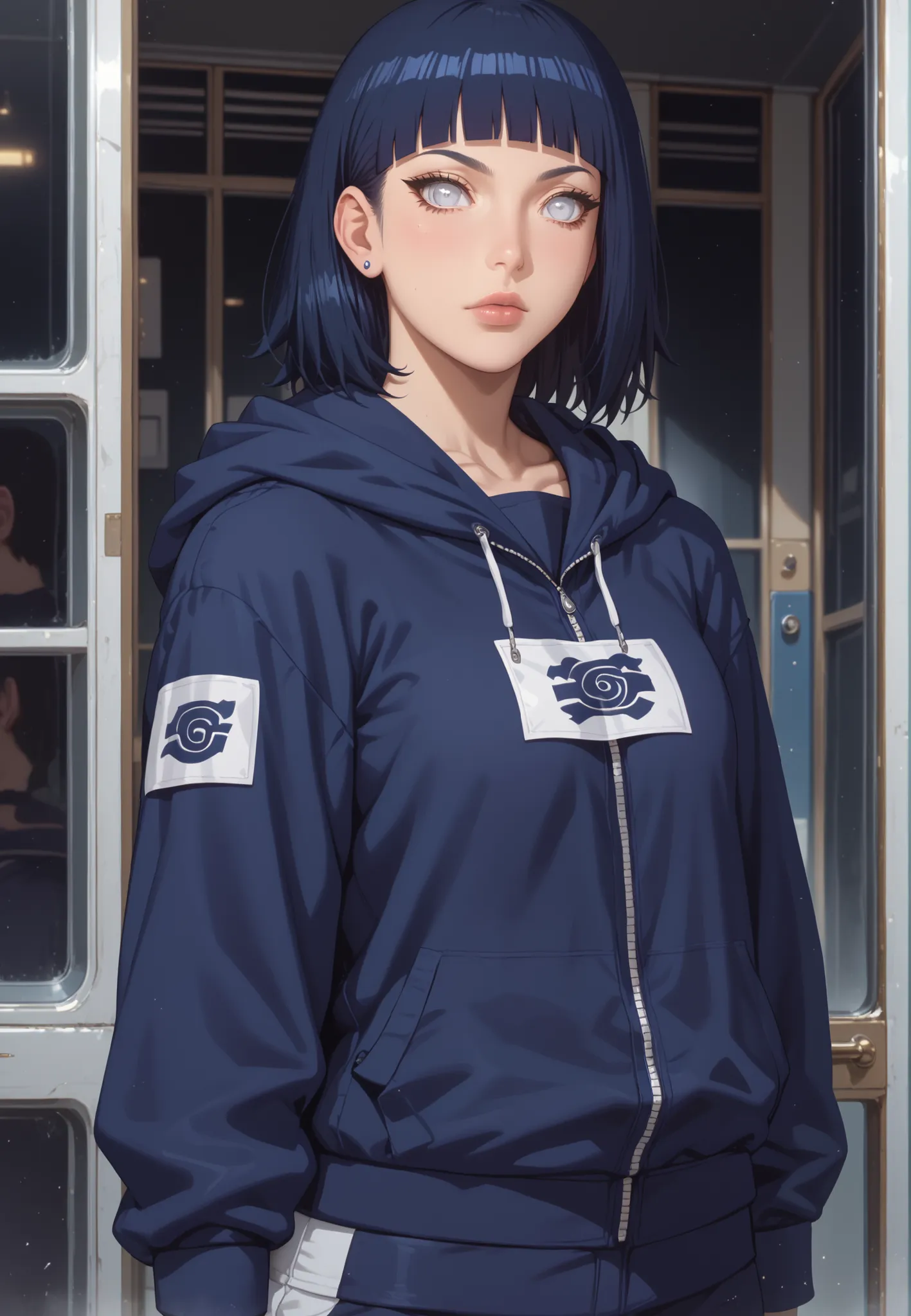 score_9,score_8_up,score_7_up,solo,looking at viewer, Hyūga _Hinata's/Boruto, White Eyes, Medium hair, Her's Long Bangs one that covers her face and the other hangs behind her head down past her shoulders,Dark Blue hair,(Future Era, Alternate Sci Fi Of Nar...
