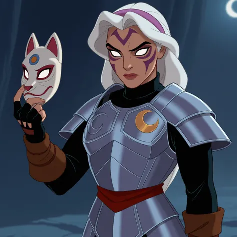 masterpiece, best quality, DisneyClassics disney zzFierceDeity, tattoo, mask, white eyes, facial tattoo, no pupils, black gloves, fingerless gloves, armor, crescent,