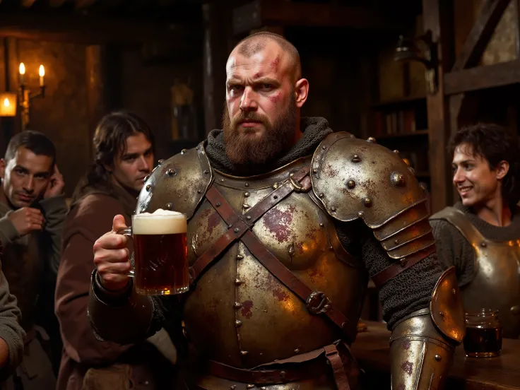A broad-shouldered lean human man with a haunted air. Shaved scalp, broken nose, deep scars along both arms like a tally of past failures. His plate armor is made from rusty iron and is functional and ugly, smeared with old blood. He watches others with a ...