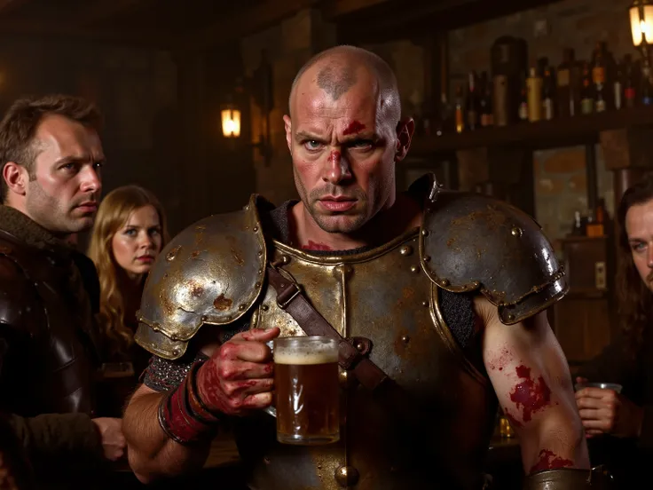 A broad-shouldered lean human man with a haunted air. Shaved scalp, broken nose, deep scars along both arms like a tally of past failures. His plate armor is made from rusty iron and is functional and ugly, smeared with old blood. He watches others with a ...