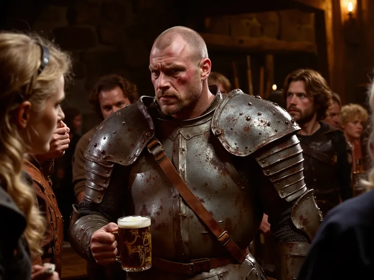 A broad-shouldered lean human man with a haunted air. Shaved scalp, broken nose, deep scars along both arms like a tally of past failures. His plate armor is made from rusty iron and is functional and ugly, smeared with old blood. He watches others with a ...