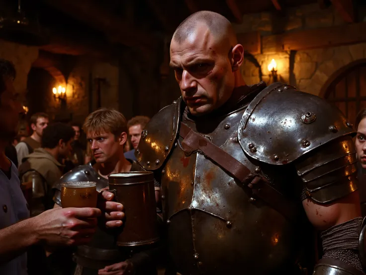 A broad-shouldered lean human man with a haunted air. Shaved scalp, broken nose, deep scars along both arms like a tally of past failures. His plate armor is made from rusty iron and is functional and ugly, smeared with old blood. He watches others with a ...