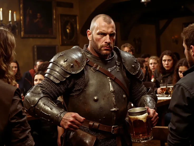 A broad-shouldered lean human man with a haunted air. Shaved scalp, broken nose, deep scars along both arms like a tally of past failures. His plate armor is made from rusty iron and is functional and ugly, smeared with old blood. He watches others with a ...
