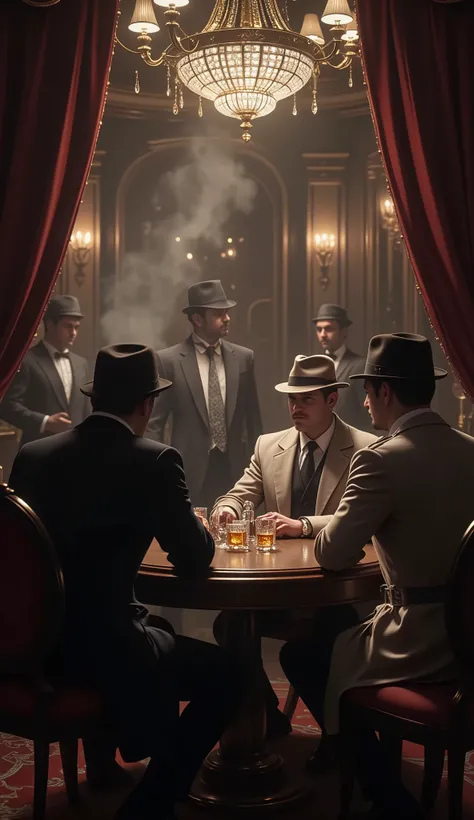 underground speakeasy, two mafia bosses sitting at round table, intense conversation, surrounded by bodyguards in suits, dim moody lighting, smoky air, jazz ambiance in background, velvet drapes, gold-accented decor, fedoras and trench coats, vintage whisk...
