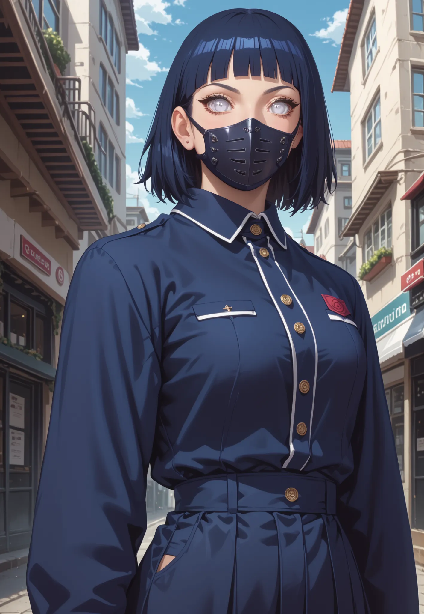 score_9,score_8_up,score_7_up,solo,looking at viewer, Hyūga _Hinata's/Boruto, White Eyes, Medium hair, Her's Long Bangs one that covers her face and the other hangs behind her head down past her shoulders,Dark Blue hair,(Future Era, Alternate Sci Fi Of Nar...