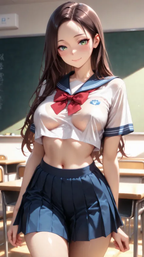 NSFW, masterpiece, best quality, vibrant, very aesthetic, high contrast, semirealistic, newest,  slender, breasts, 1girl, cowboy shot, detailed green eyes, smile, semi-long hair, dark brown  silky hair, forehead, sliced back hair, navel, Captivating thighs...