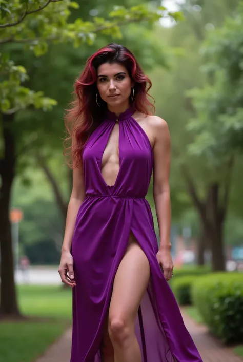HortyUnderScore   ,  regardant la caméra , wearing a purple dress double leg split , in a parc , worm's eye view