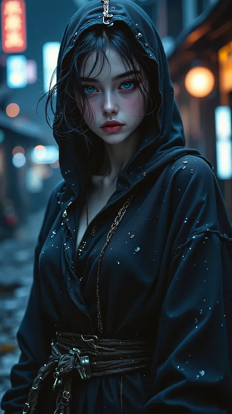 Dark Ninja High Quality Portraits of Women,Late Night City, dark blue eyes ,Coarse Cloth Jute Ninja Costume,Battle Stance,4K high resolution,super real,details,Professional Photo Effects,neon light,Abandoned Cityscapes,calm tone on the front of the chest,s...