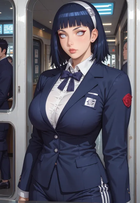 score_9,score_8_up,score_7_up,solo,looking at viewer, Hyūga _Hinata's/Boruto, White Eyes, Medium hair, Her's Long Bangs one that covers her face and the other hangs behind her head down past her shoulders,Dark Blue hair, Huge Breasts,(Future Era, Alternate...