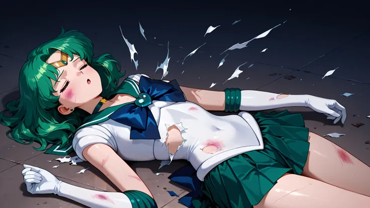 masterpiece, amazing quality, best quality, ultra-detailed, 8K, illustration, clear skin, ultra-detailed-eyes, soft skin, very awa, very as2, soft body, 90's style, official art, michiru kaiou, green hair, medium hair, tiara, brooch, choker, gloves, heart,...