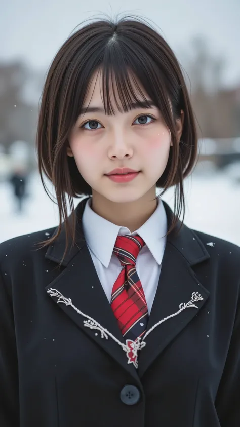 (face that perfectly reflects the entire head is placed exactly in the center of the image: 1.5), (Upper chest: 1.5), (The: 1.5), ( I can clearly see my face : 1.2)、 (black blazer uniform : 1.5), (Snow at school on a clear day : 1.5), long hair、Bangs, smil...