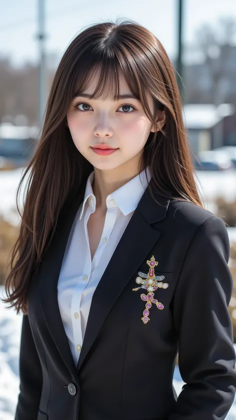 (face that perfectly reflects the entire head is placed exactly in the center of the image: 1.5), (Upper chest: 1.5), (The: 1.5), ( I can clearly see my face : 1.2)、 (black blazer uniform : 1.5), (Snow at school on a clear day : 1.5), long hair、Bangs, smil...