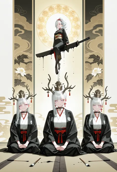 1girl, light lavender eye, jitome (0.5), Asymmetrical hair (half mint hair and half white hair), blunt bangs, hime cut, ponytail, Medium Breast, deer horns, queen, melting black haori, mint kimono, flower pettern, Choker, black nail polish, bare foot, dore...
