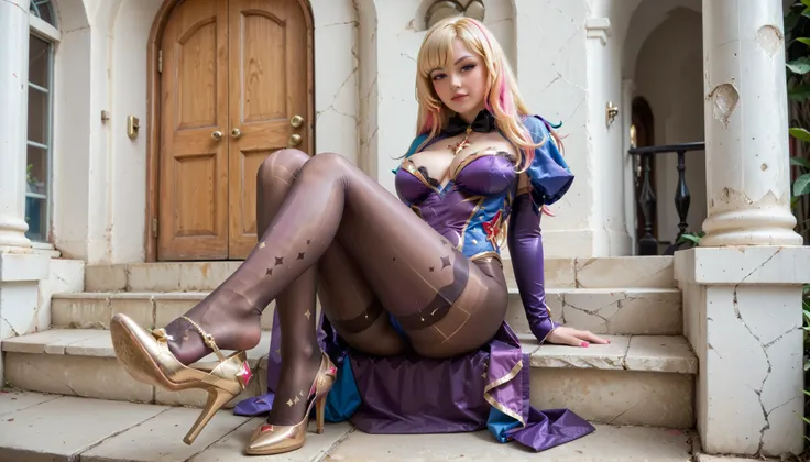 ,Mona outfit:1 . 0 , Mona golden shoes:1 . 0 , translucent pantyhose:1 . 0 , translucent bodysuit , shoe dangle:2 . 0 , amazing details , perfect face , shot from her feet , amazing angle , perspective , purple outfit, magical background,mona outfit, mona ...