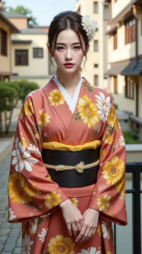 masterpiece、Beautiful Woman Wearing Kimono、Bauhaus kimono、The background is Bauhaus architecture