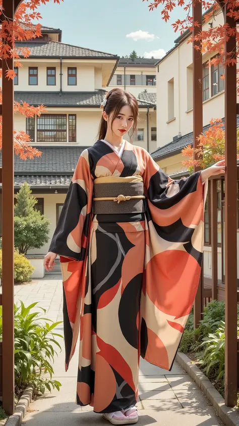masterpiece、Beautiful Woman Wearing Kimono、Bauhaus kimono、The background is Bauhaus architecture