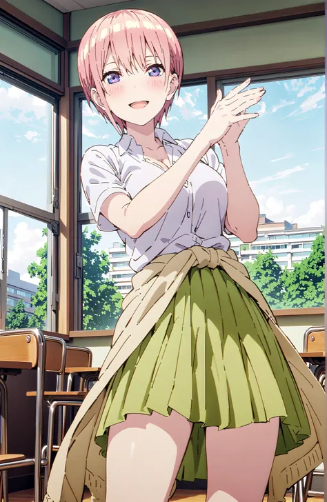 Nakano Ichika, short hair, bungs, blue eyes, hair between eyes, pink hair,Big Breasts, cleavage,in their 40s skirt, shirt, uniform, white shirt, Short Sleeves, pleated skirt, shoes, socks, collared shirt,sweater, white socks, (Green Skirt:1.5), Clothes aro...