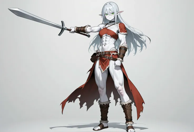 Elf Female. Solitary figure. silver hair. long hair. straight hair. green eyes. white skin. slim muscles. Elf Ears . Barbarian Warrior Style Clothes. with a confident expression. full body photo.