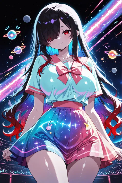 1 girl, Kuroki Monika, red eyes, gradient hair, black hair, red hair, long hair, asymmetrical hairline, hair over right eye, ((large breasts)), (petite but curvy), very cute, lovely,, Colorful summer School uniform Clothes, Colorful summer School uniform...