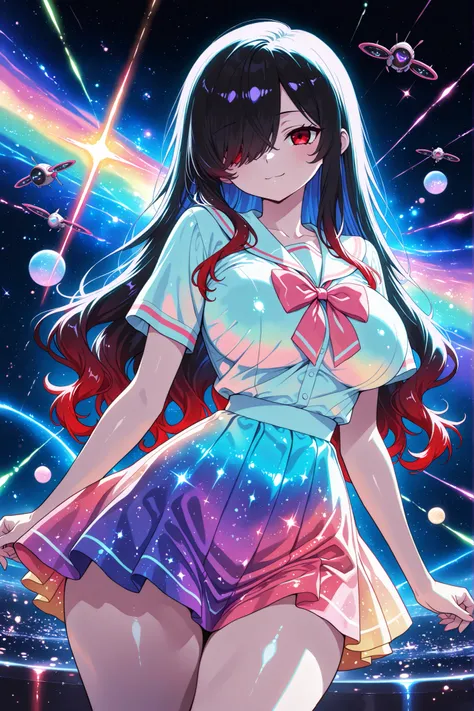 1 girl, Kuroki Monika, red eyes, gradient hair, black hair, red hair, long hair, asymmetrical hairline, hair over right eye, ((large breasts)), (petite but curvy), very cute, lovely,, Colorful summer School uniform Clothes, Colorful summer School uniform...