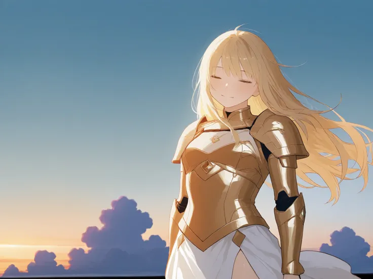 A calm and powerful male superhero with medium-length golden blond hair (not feminine), wearing elegant white and gold armor, standing quietly under a soft sky, peaceful yet strong presence, modest expression, gentle eyes, light breeze moving his hair, min...