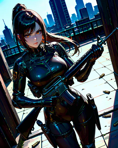 masterpiece, highest quality, 8k, solo, solo focus, highly detailed, (perfect face:1.1), (high detail:1.1), 1female, ninja, mercenary, (holstered sword:1.2, katana:1.2) jet black hair, long hair, side-swept bangs, ponytail hair, amber eyes, beautiful detai...