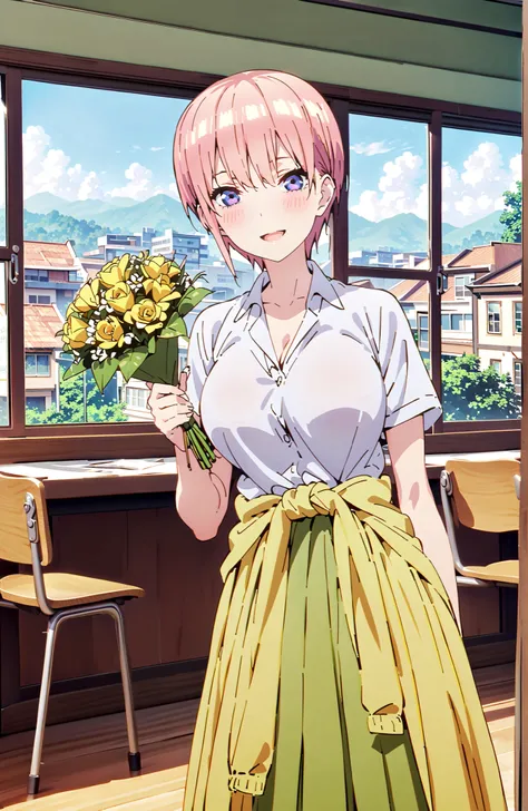 Nakano Ichika, short hair, bungs, blue eyes, hair between eyes, pink hair,Big Breasts, cleavage,in their 40s skirt, shirt, uniform, white shirt, Short Sleeves, green mini pleated skirt, collared shirt, white socks, yellow clothes around the waist,Short sle...