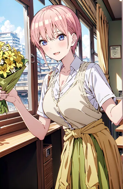 Nakano Ichika, short hair, bungs, blue eyes, hair between eyes, pink hair,Big Breasts, cleavage,in their 40s skirt, shirt, uniform, white shirt, Short Sleeves, green mini pleated skirt, collared shirt, white socks, yellow clothes around the waist,Short sle...