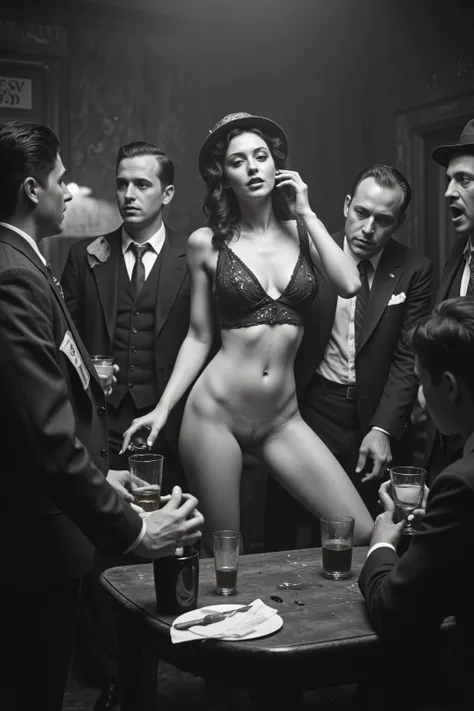 
Prohibition era,
antqgldnCE style, 

Photorealism,
((A scene from a live-action movie)),
Incredibly detailed,
Professional photography,

1925, Boston,
In a speakeasy,
The small space is filled with people,
Everyone is drunk and crazy,
A young woman starts...