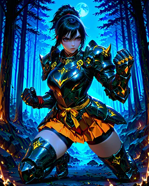 masterpiece, highest quality, 8k, solo, solo focus, highly detailed, (perfect face:1.1), (high detail:1.1), dramatic, gritty, intense, anime character, dynamic fighting pose, 1girl, solo, solo focus, (dark black hair, tied up hairstyle), (wearing black glo...