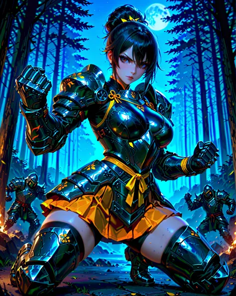 masterpiece, highest quality, 8k, solo, solo focus, highly detailed, (perfect face:1.1), (high detail:1.1), dramatic, gritty, intense, anime character, dynamic fighting pose, 1girl, solo, solo focus, (dark black hair, tied up hairstyle), (wearing black glo...