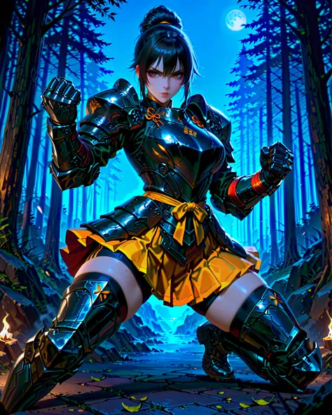 masterpiece, highest quality, 8k, solo, solo focus, highly detailed, (perfect face:1.1), (high detail:1.1), dramatic, gritty, intense, anime character, dynamic fighting pose, 1girl, solo, solo focus, (dark black hair, tied up hairstyle), (wearing black glo...