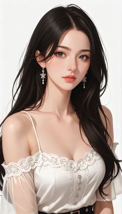 Female 1, medium long hair, black hair, chest, dark eyes, simple background/ no background , vertical drawing style , lots of white space, Illustrations, 黒いドレスHigh Quality, 最High Quality , High Detail , High Quality, HD model, very well detailed,