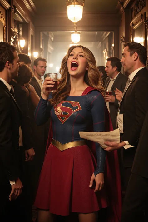Prohibition era,
Photorealism,
((A scene from a live-action movie)),
Incredibly detailed,
Professional photography,
1925, Boston,
In a speakeasy,
The small space is filled with people,
Everyone is drunk and crazy,
Supergirl sneaks in and starts strippi...