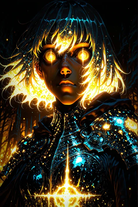 1girl,adventurer,dark skin,general,holographic colors,luminescent glowing colors,dark background,backlighting,luminescent colors,glowing colors,engraved armor,M4gicalL1nes,masterpiece,besr quality,amazing detail,detailed background,