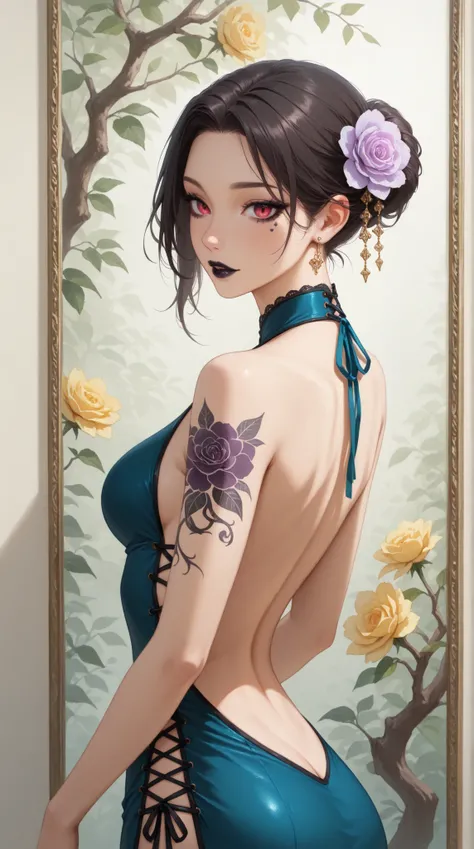 female, Backless Chinese Dress, lace up, flower tattoo, sharp gaze, Sharp makeup,    Exquisite watercolor painting