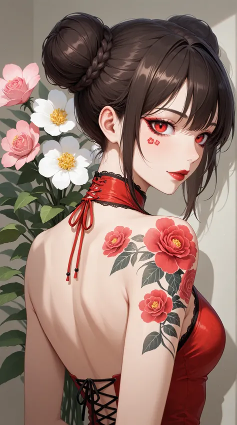 female, Backless Chinese Dress, lace up, flower tattoo, sharp gaze, Sharp makeup, Exquisite watercolor painting
