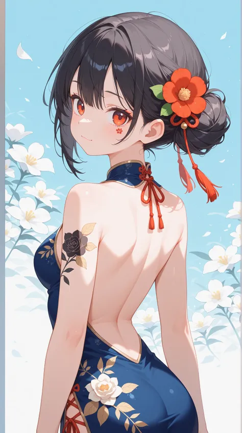 female, Backless Chinese Dress, lace up, flower tattoo, sharp gaze, Sharp makeup, Exquisite watercolor painting